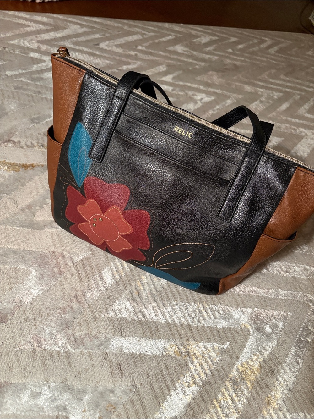 Relic Black and Brown Tote with Red Floral Appliqué